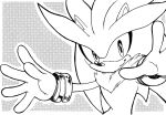  black_and_white border bracelet clothing den255 eulipotyphlan gloves halftone halftone_background handwear hedgehog jewelry looking_at_viewer male mammal monochrome neck_tuft pattern_background pose silver_the_hedgehog simple_background smile solo sonic_(series) tuft white_border 