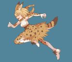  1girl animal_ears animal_print arm_up armpits bare_shoulders blonde_hair blue_background bow bowtie brown_eyes elbow_gloves extra_ears eyebrows_visible_through_hair floating_hair from_side full_body gloves graphite_(medium) hand_up high-waist_skirt kemono_friends knee_up lace looking_afar medium_skirt open_mouth outstretched_leg print_gloves print_legwear print_neckwear print_skirt running scarf serval_(kemono_friends) serval_ears serval_print serval_tail shirt shoes simple_background skirt sleeveless sleeveless_shirt smile solo striped_tail tail tanuki_koubou thighhighs traditional_media upper_teeth v-shaped_eyebrows white_shirt zettai_ryouiki 