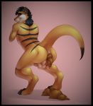  2017 animal_genitalia anthro anus backsack balls biped black_nose digitigrade dipstick_tail extreme-ember feces fully_sheathed fur hair herpestid hi_res looking_back male mammal meerkat multicolored_tail pooping ranek rear_view scat sheath signature simple_background solo striped_fur stripes whiskers 