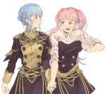  2girls belt blue_hair braid crown_braid epaulettes fire_emblem fire_emblem:_three_houses garreg_mach_monastery_uniform hilda_valentine_goneril holding_hands long_hair long_sleeves looking_to_the_side marianne_von_edmund multiple_girls open_mouth pink_eyes pink_hair schwarzfaenge short_sleeves simple_background twintails uniform upper_body white_background 