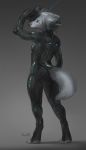  2019 anthro barefoot blue_eyes breasts canid canine canis clothing digital_media_(artwork) domestic_dog female futuristic grey_background grey_nose hair holding_gun holding_object holding_weapon kuroi-kisin mammal simple_background small_breasts solo standing tight_clothing weapon white_hair 