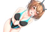  1girl ass_visible_through_thighs black_swimsuit blush breasts brown_eyes brown_hair carmine_(ucdio) cleavage collarbone competition_swimsuit flipped_hair graphite_(medium) headgear highres kantai_collection large_breasts looking_at_viewer mechanical_pencil mutsu_(kantai_collection) one-piece_swimsuit open_mouth pencil short_hair simple_background solo swimsuit swimsuit_pull traditional_media wet white_background 