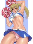  1girl armpits blonde_hair blue_eyes blush breasts cheerleader cleavage crop_top crop_top_overhang fatal_fury fingerless_gloves genderswap genderswap_(mtf) gloves hifumi_(art_sky_littel) highres large_breasts long_hair looking_at_viewer midriff miniskirt navel panties pom_poms ponytail shoes simple_background skirt sleeveless sneakers snk snk_heroines:_tag_team_frenzy solo terry_bogard the_king_of_fighters underwear 