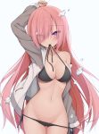  1girl artist_request bare_shoulders bikini black_bikini breasts cleavage collarbone commentary_request eyes_visible_through_hair fate/grand_order fate_(series) grey_jacket highres in_mouth jacket large_breasts long_hair long_sleeves mash_kyrielight navel pink_eyes pink_hair solo swimsuit white_jacket 