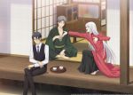  3boys ^_^ black_hair brown_eyes chinese_clothes closed_eyes collared_shirt crossed_legs cup fruits_basket hand_on_own_chest indian_style japanese_clothes kimono long_hair male_focus multiple_boys necktie official_art open_mouth outstretched_arm shirt short_hair sitting sliding_doors smile souma_ayame souma_hatori souma_shigure sparkle table teacup tray waistcoat white_hair 
