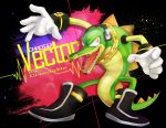  abstract_background anthro bracelet chain clothing crocodile crocodilian crocodylid den255 english_text footwear gloves green_body handwear headphones hi_res jewelry male necklace open_mouth reptile scalie shoes solo sonic_(series) standing teeth text vector_the_crocodile yellow_eyes 