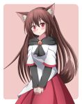  1girl :/ animal_ear_fluff animal_ears black_shawl blush brooch brown_hair commentary dress eyebrows_visible_through_hair hair_between_eyes hands_on_own_thighs head_tilt imaizumi_kagerou jewelry layered_dress leaning_forward long_hair long_sleeves looking_at_viewer pink_background red_eyes red_skirt rounded_corners shawl shirt shirt_under_dress short_sleeves simple_background skirt solo tail touhou very_long_hair white_shirt wolf_ears wolf_tail yogiri_(dosumefd5) 