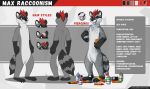  anthro biped english_text facial_piercing featureless_crotch front_view fur hair lip_piercing male mammal max_raccoonism model_sheet nude piercing procyonid pulex raccoon rear_view red_hair solo striped_tail stripes text 