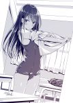  1girl artist_name blush commentary_request curtains desk eyebrows_visible_through_hair greyscale hair_between_eyes hair_ornament hairclip highres indoors kobayashi_chisato long_hair looking_at_viewer monochrome original outstretched_arm school_swimsuit shirt skirt solo swimsuit undressing 