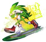  accipitrid accipitriform anthro avian beak bird blue_eyes chest_tuft clothing den255 english_text extreme_gear eyewear feathers footwear gloves goggles green_feathers grin handwear hi_res hoverboard jet_the_hawk male shoes simple_background smile solo sonic_(series) sonic_riders text tuft white_background white_feathers 