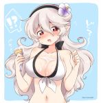 1girl bikini black_hairband blue_background breasts cleavage corrin_(fire_emblem) corrin_(fire_emblem)_(female) eromame fire_emblem fire_emblem_fates fire_emblem_heroes flower food hair_flower hair_ornament hairband heart heart-shaped_pupils holding ice_cream large_breasts long_hair manakete navel open_mouth pointy_ears red_eyes simple_background solo swimsuit symbol-shaped_pupils twitter_username upper_body white_hair 