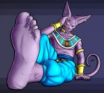  5_toes anthro beerus bracelet claws collar domestic_cat dragon_ball dragon_ball_super ear_piercing evil-sprite feet felid feline felis foot_focus hairless_cat humanoid_feet jewelry male mammal piercing soles sphynx_(cat) toe_claws toes 