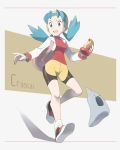  1girl bike_shorts blue_eyes blue_hair cameltoe character_name crystal_(pokemon) ditto highres nomura_(buroriidesu) pokemon pokemon_(game) pokemon_gsc pokemon_gsc_beta shoes smile sneakers spiked_hair twintails 