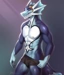  2019 5_fingers abs anthro blue_eyes blue_scales digital_media_(artwork) dragon fingers horn male navel scales smile solo spines teeth wingless_dragon yasmil 