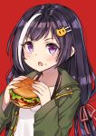  1girl absurdres bangs black_hair cat_hair_ornament collarbone commentary eyebrows_visible_through_hair fingernails food food_on_face goyain green_jacket hair_ornament hair_ribbon hairclip hamburger highres holding holding_food jacket kyaru_(princess_connect) long_hair long_sleeves looking_at_viewer multicolored_hair open_clothes open_jacket open_mouth pink_ribbon princess_connect! princess_connect!_re:dive purple_eyes red_background ribbon shirt simple_background solo streaked_hair upper_body v-shaped_eyebrows white_hair white_shirt 