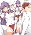  1girl ass bangs blush breasts clannad commentary_request eyebrows_visible_through_hair fujibayashi_kyou hair_ribbon large_breasts long_hair lying multiple_views on_back purple_eyes purple_hair red_shorts ribbon shirt shiseki_hirame shoes shorts sportswear spread_legs thighhighs very_long_hair white_legwear white_ribbon white_shirt 