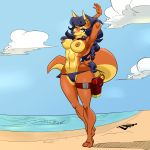  1:1 animal_humanoid anthro athletic beach big_breasts bikini bikini_bottom blue_hair breasts brown_eyes brown_fur brown_nipples camel_toe canid canine carmelita_fox clothing color_edit colored curvaceous ear_piercing edit female fox fur gun hair hands_behind_head hi_res hourglass_figure humanoid long_hair looking_at_viewer mammal mole_(disambiguation) mole_under_eye navel nipples outside piercing police policewoman ranged_weapon sea seaside sly_cooper_(series) smile sony_corporation sony_interactive_entertainment sucker_punch_productions swimwear thick_thighs thigh_strap toned_female video_games voluptuous water weapon wide_hips zillford 