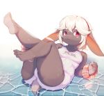 3_toes :3 anthro breasts butt camel_toe clothed clothing female fur grey_fur hair hi_res kemono lagomorph leporid long_ears lying mammal on_back one-piece_swimsuit rabbit red_eyes school_swimsuit solo swimwear thick_thighs toes water wet white_hair whooo-ya 