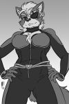  1_eye 2019 anthro belt breasts canid canine canis catsuit_(disambiguation) chest_tuft cleavage_cutout clothed clothing cosplay crossgender ear_piercing ear_ring eye_patch eyewear female heresy_(artist) hi_res jewelry keyhole_turtleneck krystal looking_at_viewer low-angle_view mammal monochrome navel nintendo outfit_swap piercing star_fox sweater topwear tuft video_games wolf wolf_o&#039;donnell 