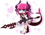  1girl :d bangs black_dress blue_eyes blush boots chibi commentary_request curled_horns detached_sleeves dragon_girl dragon_horns dragon_tail dress elizabeth_bathory_(fate) elizabeth_bathory_(fate)_(all) eyebrows_visible_through_hair fang fate/extra fate/extra_ccc fate_(series) full_body hair_between_eyes hair_ribbon heart high_heel_boots high_heels highres horns long_hair long_sleeves looking_at_viewer naga_u open_mouth pink_hair purple_ribbon ribbon simple_background sleeveless sleeveless_dress smile solo sparkle spiked_boots spikes standing tail tail_raised two_side_up very_long_hair weapon white_background white_footwear white_sleeves 
