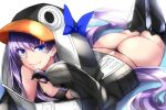  1girl :3 animal_hood ass bangs bikini black_bikini blue_eyes choker eyebrows_visible_through_hair eyewear_removed fate/grand_order fate_(series) flat_chest greaves highres hood jacket long_hair looking_at_viewer lying meltryllis meltryllis_(swimsuit_lancer)_(fate) micro_bikini on_stomach penguin_hood purple_hair shimeno_puni sleeves_past_wrists smile solo sunglasses swimsuit very_long_hair 