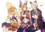  2boys 3girls a082 animal_ears black_hairband black_pants blonde_hair blue_neckwear blush breasts brooch brown_hair character_request closed_eyes cup dated formal granblue_fantasy green_eyes hairband hood jewelry long_hair looking_at_another medium_breasts multiple_boys multiple_girls navel open_mouth orange_headwear orange_shorts pants red_eyes shorts sidelocks silver_hair sitting song_(granblue_fantasy) suit teacup teapot thighhighs white_background 