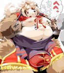 2019 anthro belly blush bottomwear bulge canid canine clothing eyes_closed goemon_(tas) hi_res japanese_text male mammal moobs navel nipples overweight overweight_male raccoon_dog shirt shorts sigenoya simple_background solo takotyutyu tanuki text tokyo_afterschool_summoners tongue tongue_out topwear video_games white_background 