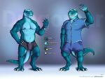  2017 4:3 anthro belly blue_body blue_nipples boxers_(clothing) bulge by-nc-nd clock clothing countershade_torso countershading creative_commons digital_media_(artwork) digitigrade dragomar feet hi_res lizard male mature_male musclegut muscular nipples obfuscator pecs raised_arm reference_image reptile scalie shirt simple_background slightly_chubby smile solo topwear underwear watch wave yellow_eyes 