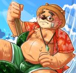  2019 anthro belly blush bodily_fluids bottomwear brown_fur bulge clothing eyewear food fruit fur glasses hat headgear headwear hi_res humanoid_hands male mammal mando0205 melon moobs nipples one_eye_closed overweight overweight_male plant shorts solo straw_hat sweat tokyo_afterschool_summoners ursid video_games volos water watermelon wink 