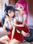  2girls animal_ear_fluff animal_ears arm_around_neck bare_shoulders between_legs biting black_hair black_tail blurry blurry_background blush bow collarbone ear_biting earrings ears eyebrows_visible_through_hair feathers gigamessy green_eyes hair_ornament hakama_skirt heterochromia hip_vent japanese_clothes jewelry legs long_hair miko multiple_girls original ponytail smile tail tail_between_legs thighs wolf_ears wolf_tail yuri 