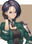  1girl absurdres bangs black_gloves black_hair breasts brown_background choker cleavage cropped_jacket expressionless fire_emblem fire_emblem:_three_houses gloves green_jacket hand_in_hair highres jacket long_sleeves looking_at_viewer medium_breasts mogtate parted_bangs purple_eyes shamir_navrant short_hair shoulder_armor simple_background solo upper_body 