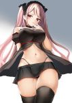  1girl bare_shoulders black_legwear black_panties black_skirt breasts choker covered_nipples cowboy_shot crop_top detached_sleeves finger_to_mouth hand_up headdress highleg highleg_panties kurotobi_rarumu large_breasts long_hair looking_at_viewer midriff miniskirt navel original panties pink_hair pleated_skirt red_eyes short_sleeves sidelocks skindentation skirt solo standing thighhighs two_side_up underwear very_long_hair 