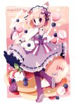  1girl animal_ears boots bow dress food frilled_dress frills fruit hair_bow hair_ribbon highres holding_dress long_sleeves looking_at_viewer original ribbon saijo1201 short_hair smile solo standing strawberry tail tongue tongue_out twitter_username 