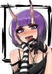  1girl black_choker black_gloves bob_cut breasts casual choker collarbone drunk eyeshadow eyewear_removed fang fate/grand_order fate_(series) fishnets glasses gloves hand_on_own_face highres kevbot looking_at_viewer makeup mismatched_gloves off_shoulder oni oni_horns open_mouth pince-nez purple_eyes purple_hair semi-rimless_eyewear short_eyebrows short_hair shuten_douji_(fate/grand_order) small_breasts solo spaghetti_strap striped tongue tongue_out upper_body 