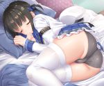  1girl acasta_(azur_lane) arm_strap ass azur_lane bangs bed_sheet black_hair black_panties blue_hair blue_pillow blue_ribbon blue_skirt blush cameltoe closed_eyes eyebrows_visible_through_hair hair_ribbon hands_up hat hat_removed head_on_pillow headwear_removed indoors long_sleeves lying multicolored_hair on_bed on_side one_side_up panties parted_lips pleated_skirt purple_pillow ribbon shiny shiny_hair shiny_skin short_hair sidelocks skirt sleeping solo thighhighs thighs torimaru two-tone_hair underwear white_headwear white_legwear wooden_floor 