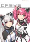  2girls absurdres bodysuit_under_clothes cat_ear_headphones character_request expressionless gloves headphones highres miniskirt multiple_girls one_eye_closed pink_hair purple_eyes silver_hair skirt smile suspenders trevor25527766 twintails 