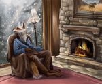  almatea book canid canine clothing curtains equid equine fire fireplace fluffy fox horse lamp male mammal painting paws sitting snow snowing solo vase 