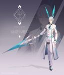  1boy absurdres animal_ears character_name copyright_name fake_animal_ears gloves grey_background highres holding holding_weapon lance long_sleeves male_focus mt_(ringofive) necktie pants polearm red_eyes shadow silver_hair simple_background solo standing weapon white_gloves white_pants white_rabbit_(your_name_is_alice) your_name_is_alice zoom_layer 
