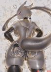  2019 annoyed anthro anus armwear blush breasts butt clothed clothing digital_media_(artwork) female girlsay hi_res legendary_pok&eacute;mon legwear looking_at_viewer looking_back mammal mewtwo nintendo pok&eacute;mon pok&eacute;mon_(species) pussy simple_background sketch solo squish thick_thighs thigh_squish video_games wide_hips 