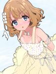  /\/\/\ 1girl arms_behind_back bangs blue_eyes blush bow bowtie brown_hair collarbone dress eyebrows_visible_through_hair flower frilled_skirt frills hair_flower hair_ornament idolmaster idolmaster_million_live! looking_at_viewer miruriyurushi open_mouth short_hair skirt sunburn suou_momoko tan tanline yellow_dress yellow_neckwear 