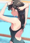  1girl back black_hair blush bracelet breasts brown_eyes jewelry jonsun long_hair one-piece_swimsuit original pool solo swimsuit wet 