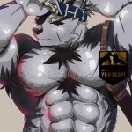  1:1 abs accessory anthro biceps bodily_fluids body_hair brown_fur canid canine canis chest_hair chest_tuft fur hair headband horkeukamui male mammal muscular muscular_male pecs scar signature solo sweat tokyo_afterschool_summoners tuft video_games white_fur wolf yellow_eyes yunukopi 