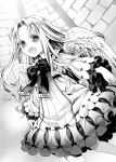  1girl :d angel_wings blush bow bowtie dress dutch_angle feathered_wings firo_(tate_no_yuusha_no_nariagari) floating_hair greyscale hair_intakes layered_dress long_hair long_sleeves minami_seira monochrome novel_illustration official_art open_mouth short_dress smile solo standing tate_no_yuusha_no_nariagari very_long_hair wings 