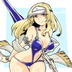  1girl alternate_costume aqua_background armlet blonde_hair blue_swimsuit bracelet breasts cleavage cowboy_shot earrings feather_earrings fire_emblem fire_emblem_echoes:_shadows_of_valentia jewelry lance lips long_hair looking_at_viewer mathilda_(fire_emblem) medium_breasts navel necklace polearm sash silver_eyes simple_background smile solo swimsuit thigh_gap twitter_username visor_cap weapon yukia_(firstaid0) 