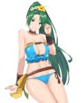  1girl absurdres bare_shoulders bikini blue_bikini blush breasts brown_choker center_opening choker earrings fire_emblem fire_emblem:_the_blazing_blade fire_emblem_heroes flower green_eyes green_hair hair_flower hair_ornament highres invisible_chair j@ck jewelry large_breasts long_hair looking_at_viewer lyn_(fire_emblem) navel paid_reward patreon_reward ponytail rope sash shimenawa simple_background sitting smile solo strapless strapless_bikini swimsuit very_long_hair white_background 