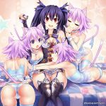  5girls absurdres animal_ears ass bangs bare_shoulders bed blush breasts butt_crack cameltoe camisole cat_ears cat_girl cat_tail choker choujigen_game_neptune cleavage eyebrows_visible_through_hair finger_sucking garter_straps hair_ornament hair_ribbon highres hood hood_down long_hair medium_breasts multiple_girls neptune_(neptune_series) neptune_(series) noire on_bed panties pantyshot pantyshot_(sitting) pleated_skirt purple_eyes purple_hair red_eyes ribbon sereneandsilent short_hair sitting sitting_on_bed skindentation skirt small_breasts striped striped_legwear striped_panties tail thighhighs tin_can twintails twitter_username umio_(neptune_series) underwear white_panties yuri 