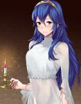  1girl a_meno0 blue_eyes blue_hair blush closed_mouth dress fire_emblem fire_emblem_awakening hair_between_eyes hairband holding_candle indoors long_hair long_sleeves looking_at_viewer lucina_(fire_emblem) shiny shiny_hair smile solo standing upper_body very_long_hair white_dress 