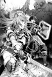  1boy 1girl arms_up boots breastplate cape chain closed_mouth dress fighting fingerless_gloves floating_hair gloves greyscale holding holding_shield holding_sword holding_weapon iwatani_naofumi long_hair minami_seira monochrome monster neck_ribbon novel_illustration official_art open_mouth pants raphtalia ribbon shield short_dress sweatdrop sword tate_no_yuusha_no_nariagari thigh_boots thighhighs very_long_hair weapon zettai_ryouiki 