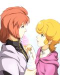  2girls audrey_burne blonde_hair brown_hair cape commentary_request eating food fugakuhyakkei green_eyes gundam gundam_unicorn ice_cream long_hair marida_cruz military military_uniform mineva_lao_zabi multiple_girls open_mouth purple_eyes short_hair simple_background uniform white_background 