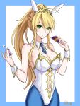  1girl animal_ears artist_request artoria_pendragon_(all) artoria_pendragon_(swimsuit_ruler)_(fate) bangs bare_shoulders blonde_hair blue_legwear breasts bunny_ears bunnysuit card cleavage detached_collar eyebrows_visible_through_hair fate/grand_order fate_(series) fishnets green_eyes hair_between_eyes highres holding large_breasts leotard long_hair looking_at_viewer necktie pantyhose playing_card poker_chip ponytail sidelocks solo white_leotard wrist_cuffs 